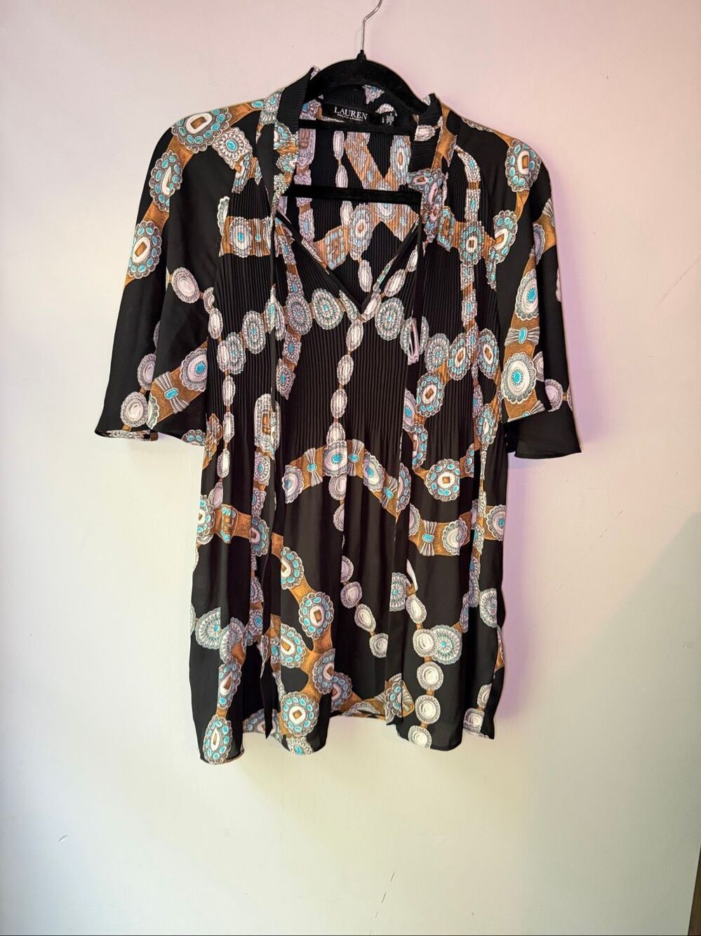 Ralph Lauren accordion pleated flowy western bolo tie belt printed blouse large